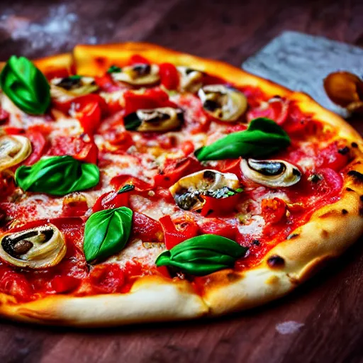Prompt: Proper Italian pizza with snails and tomatoes, morning hard light, professional food photography, 80mm, top down