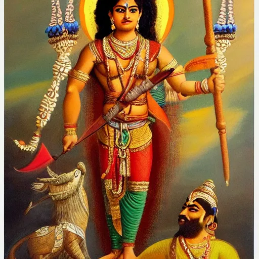 Image similar to a painting of bhima holding a mace and standing over slain duryodhana, mahabharat, an oil on canvas painting by raja ravi verma and ram chandra shukla, artstation, samikshavad, detailed painting, epic, oil on canvas h - 7 6 8