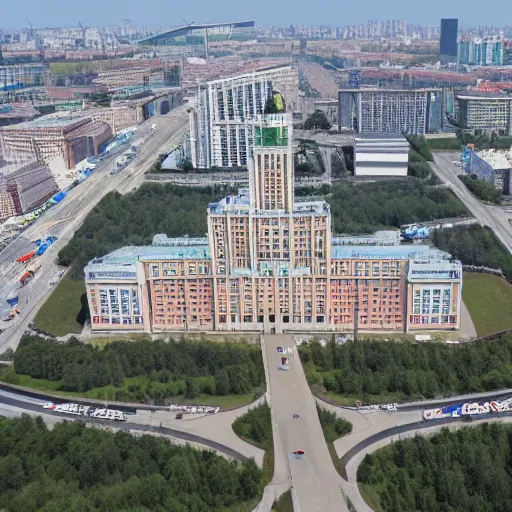 Image similar to a moscow state university, aerial photography, nato military surveillance drone photoshoot, scenic environment, 4 k