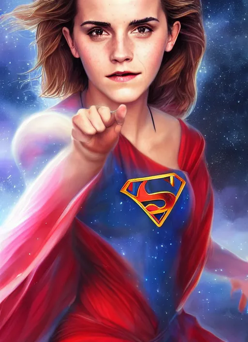 Prompt: emma watson as nature magic celestial, superwoman pose, long hair, soft red and blue transparent cloth, space, D&D, shiny background, intricate, elegant, highly detailed, digital painting, artstation, concept art, smooth, sharp focus, illustration, artgerm, bouguereau