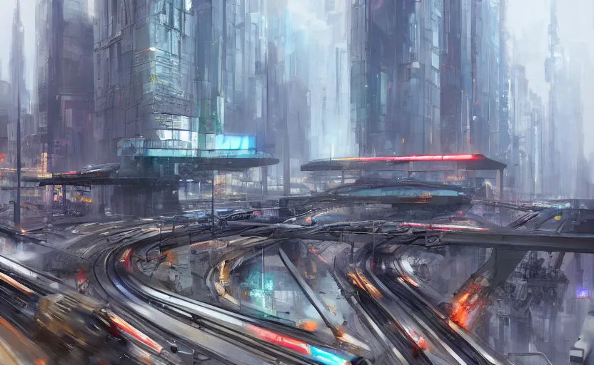 Prompt: Futuristic train intersection in a tall city, highly detailed, artstation, sharp focus, illustration, concept art, ruan jia, steve mccurry