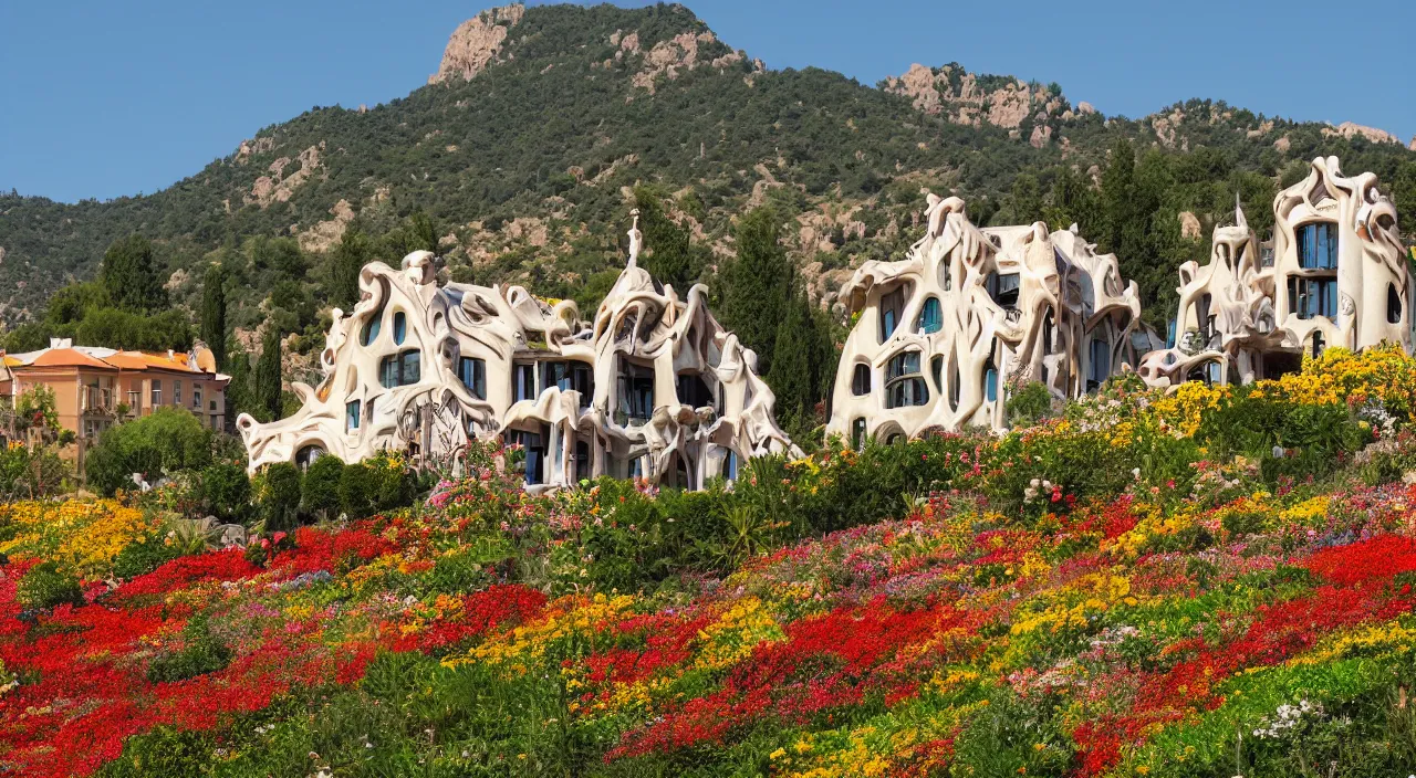 Image similar to a house designed by Antoni Gaudí, with flower fields as foreground, with mountains as background