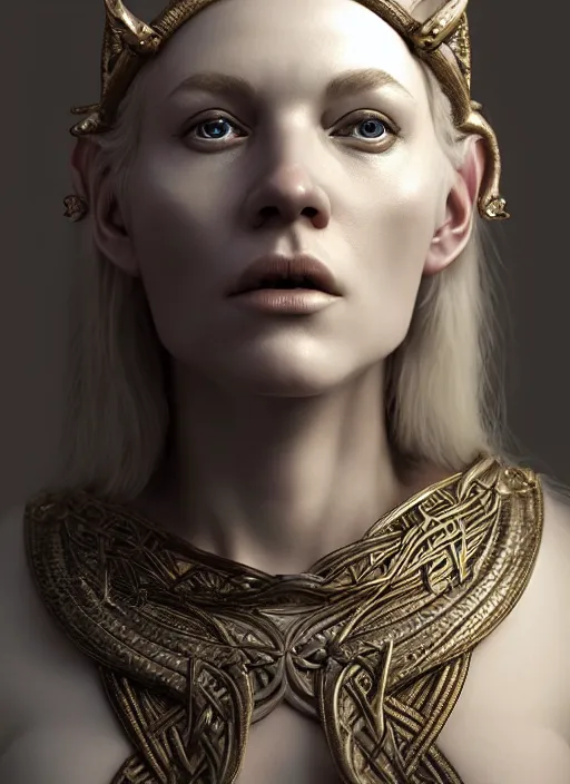 Image similar to hyperrealistic mixed media portrait of a beautiful viking woman, stunning 3d render inspired art by Michael Parkes and Boris Vallejo + perfect facial symmetry + dim volumetric lighting, 8k octane beautifully detailed render, post-processing, extremely hyperdetailed, intricate, epic composition, grim yet sparkling atmosphere, cinematic lighting + masterpiece, trending on artstation