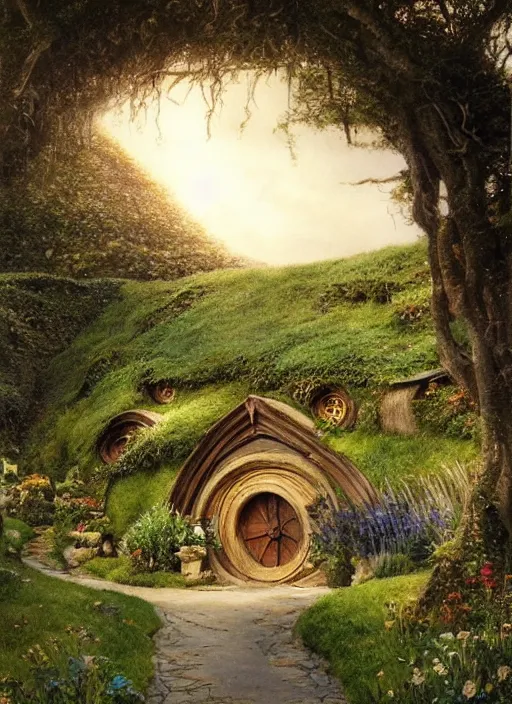 Image similar to beautiful serene hobbiton, by alan lee, lord of the rings, smooth, detailed terrain, oil painting, matte painting, concept art, trending on artstation, promotional artwork, film still, elegant, photorealistic facial features, intricate, detailed face, cinematic lighting