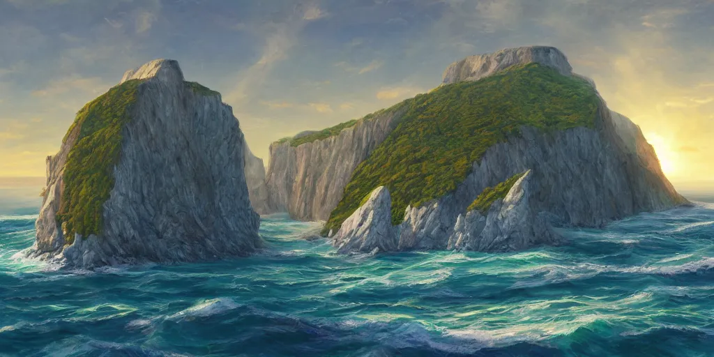 Image similar to the crystal cliffs of dover, viewed from the ocean, illustration, bright sunlight, sun glints, sunrays, digital art, hyperrealistic, oil painting, fantasy, 8 k, trending on artstation, detailed