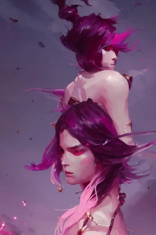 Image similar to A beautiful goddess, with shoulder length mid-length magenta hair, dramatic lighting, dramatic atmosphere, subtle and detailed, by Dustin Nguyen, Akihiko Yoshida, Greg Tocchini, Greg Rutkowski, Cliff Chiang, 4k resolution, heavy contrast, trending on artstation