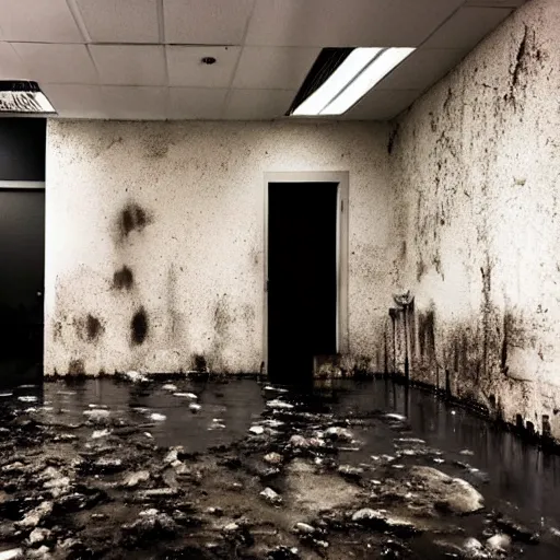 Image similar to backrooms office space, ominous lighting, moldy walls, shadowy tall figures wading in shallow water