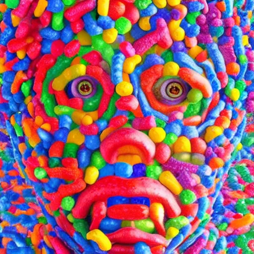 Image similar to a human head sculpture made out of thousands small gummy bears placed on the surface of the ocean, giant sculpture, in the style of chad knight, long shot, hyper detailed, hyper realistic, ray tracing, 8 k resolution, sharp focus, realistic water, award winning