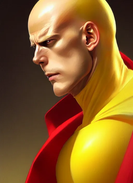Image similar to ultra realistic illustration, handsome saitama. yellow and red cape, intricate, elegant, highly detailed, digital painting, artstation, concept art, smooth, sharp focus, illustration, art by artgerm and greg rutkowski and alphonse mucha and wlop