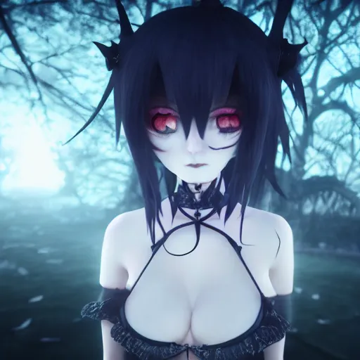 Prompt: full shot of angry darkness cute anime girl at moonlight, gothic wearing, inspired by Tim Burton, Norihiro Yagi, Amano&, detailed, unreal engine 4k volumetric light, fog,