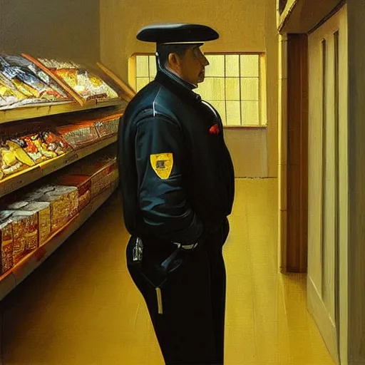 Image similar to “a detailed oil painting of a security guard in Pyatyorochka Russian grocery shop by Caravaggio”