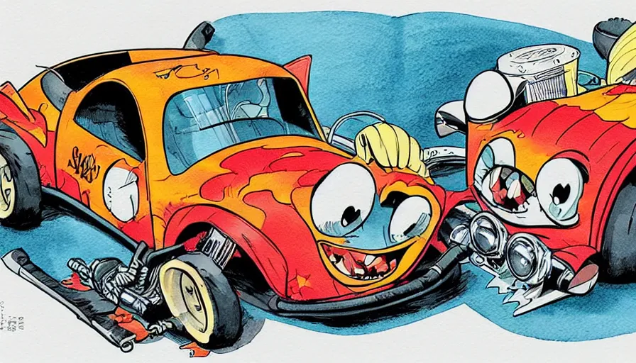 Image similar to funny, comic book style, racoon riding in a tiny hot rod coupe with oversized engine, ratfink style by ed roth, centered award winning watercolor pen illustration, by chihiro iwasaki, edited by range murata