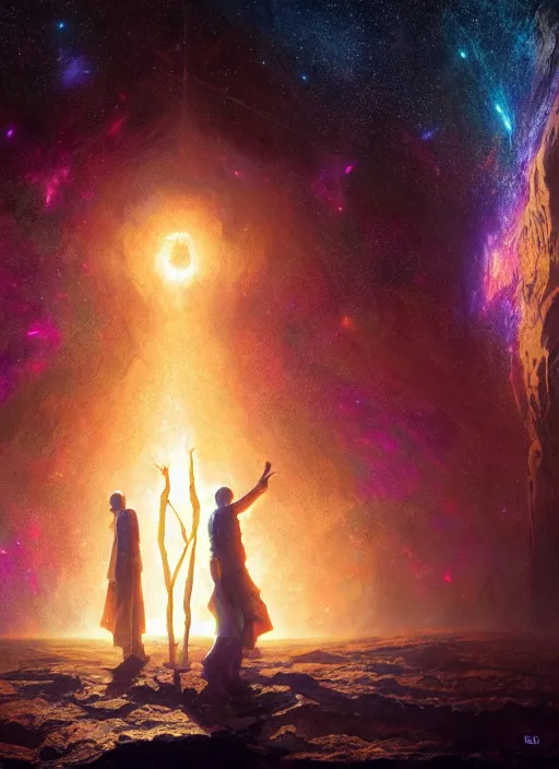 Image similar to out in the dark, among the stars, the god is dead by barclay shaw, andreas rochas, james jean, craig mullins and joe jusko, 8 k, intricate details, illustration, dynamic lighting, unreal engine, featured on artstation, soft glow.