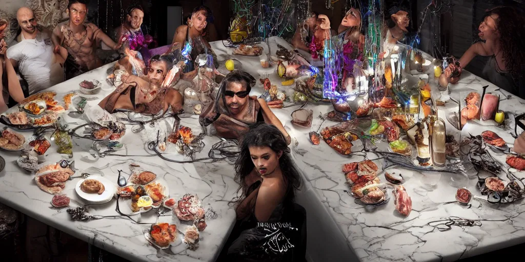 Image similar to !13 diverse bro, why?! what's wrong with people, !one_side of a !marble table, eating luxurios food !!posing cinematic lighting, intricate cables adorne their bodies and heads, neon, detailed implants, satin, crystal, liquid, surreal, floating, !!highly detalied,