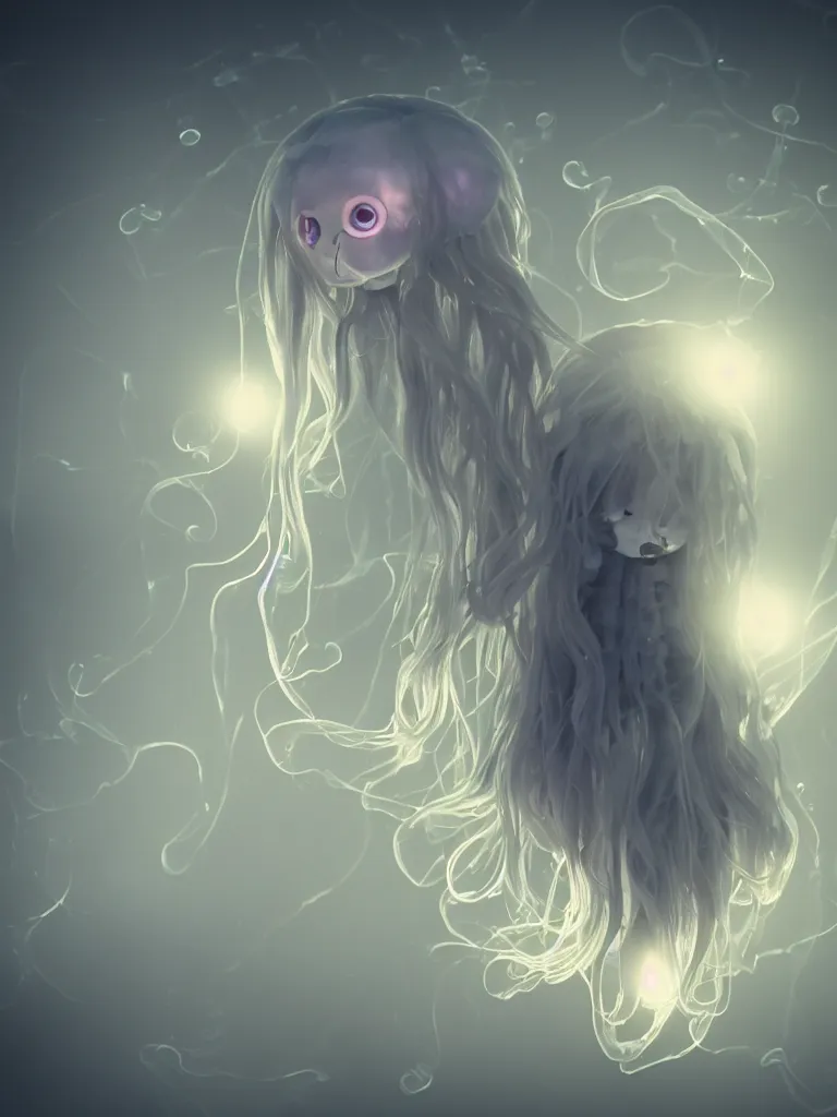 Image similar to cute fumo chibi plush beautiful ectoplasmic gothic skeletal jellyfish ghost girl, glowing milky wisps of hazy smoke and volumetric fog, lens flare, subsurface scattering, vignette, asymmetry, bokeh, refraction, vray