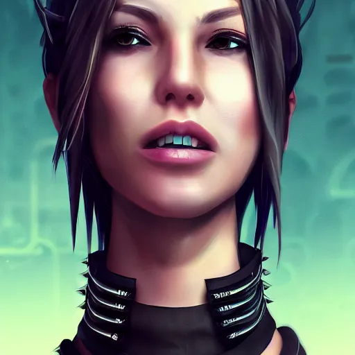 Image similar to female character cyberpunk wearing spiked black collar around neck, realistic, art, beautiful, 4K, HD, collar, choker, collar, choker, punk, artstation, wallpaper,