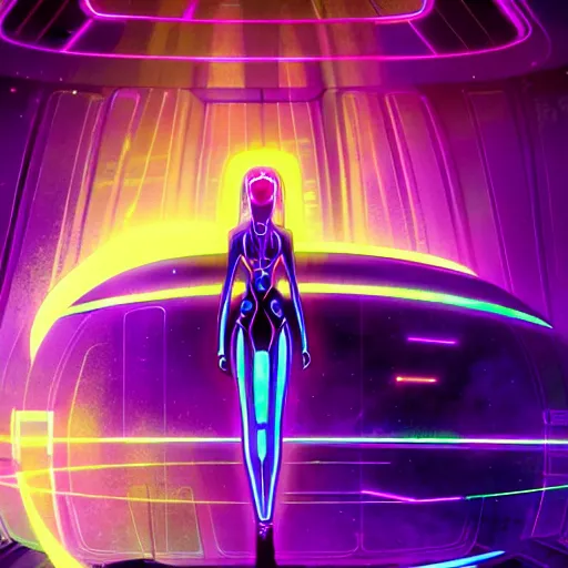 Prompt: Tron inspired character in the middle of the night in an abandoned space station, purple, sleek futuristic cityscape, blue, blacklight effects, neon lights, shimmery, glamorous, illuminated, glitch, vector drawing, illustration, art by Krenz Cushart and Artem Demura and alphonse mucha