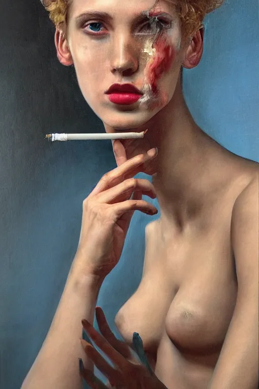 Prompt: hyperrealism mixed with classicism, oil painting, close up portrait, fashion elf model, smoking cigarette, in style of classicism mixed with 8 0 s sci - fi hyperrealism