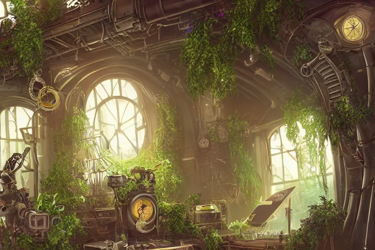 Image similar to very tidy steampunk home office overseeing a magical portal, lush plants, machines, synthesizer, beautifully lit, painting, high resolution, trending on artstation
