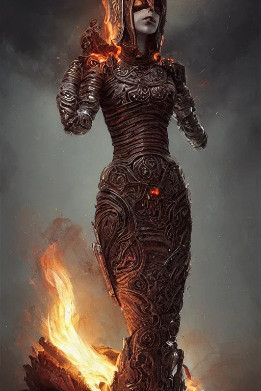 Prompt: Long Worm made of Fire wrapped around the arm of the beautiful fire goddess, ornate dress armor, digital art, trending on artstation, cgsociety, detailed, illustration, professional art by Seb McKinnon