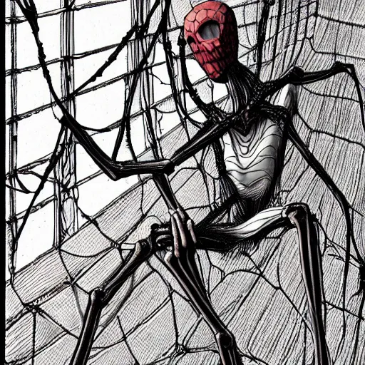 Image similar to grotesque human and spider hybrid, flesh and bone exposed, scary, spindly legs with a large web, junji ito manga art