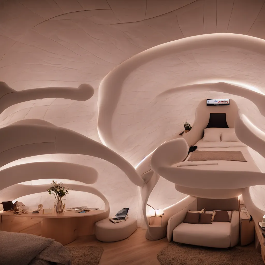 Prompt: inside cozy luxurious curved sleep-pod with wall to wall padding and sound system, amber ambient lighting, atmospheric, seductive, XF IQ4, 150MP, 50mm, F1.4, ISO 200, 1/160s, dawn