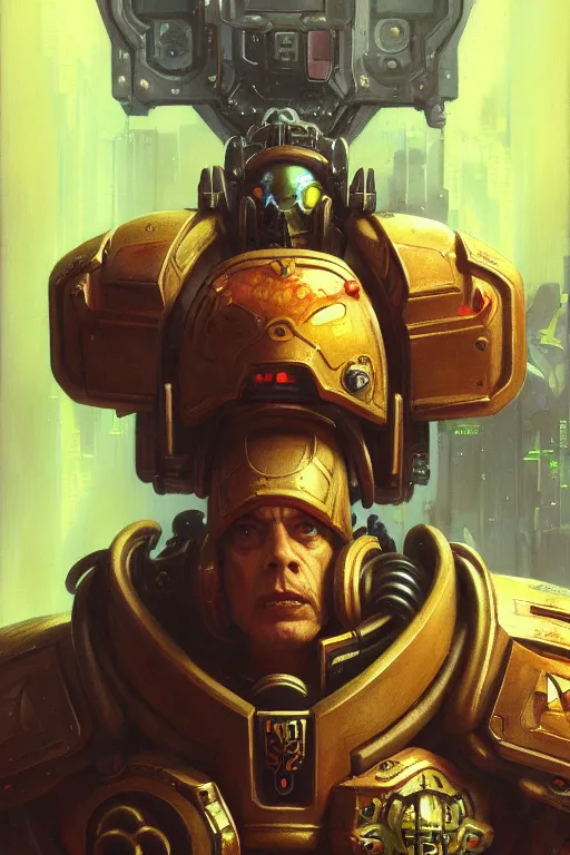 Image similar to character portrait cyberpunk starcraft terran warhammer 4 0 k space marine tech priest steve buscemi, character design, painting by gaston bussiere, katsuya terada, frank frazetta, tom of finland, trending on artstation