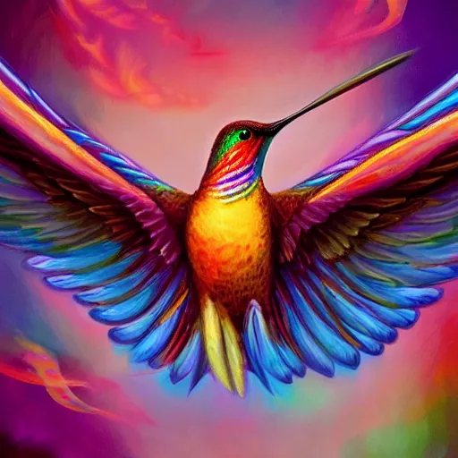 Prompt: cute flying hummingbird phoenix, embers surrounding her wings, shining rainbow feathers, smooth features, on fire, highly stylized, digital painting, artstation, concept art, smooth, soft focus, beautiful rainbow colors, illustration, hummingbird phoenix art by Artgerm and greg rutkowski