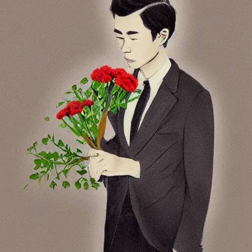 Prompt: guy holding flowers, looking nostalgic, in love, in a dapper suit, artwork by Cheng, Hsiao-Ron