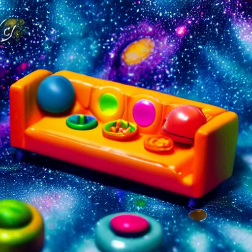 Image similar to fisher price couch, perfect focus, psychedelic trippy couch in space, planets, milky way, sofa scene from tv show hyper detailed 5 5 mm 8 5 mm, toy photography, made out of plastic