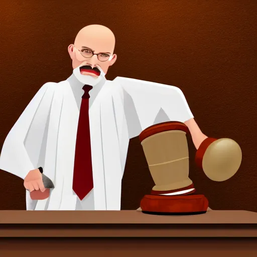 Image similar to a bald judge with bid white beard slams his gavel on the desk, illustration, realistic, 8 k, atmospheric