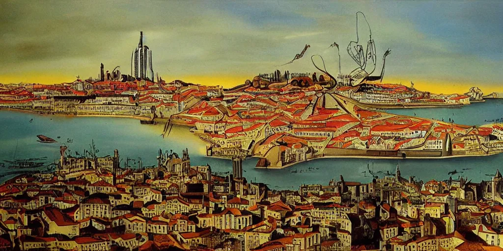 Prompt: future city of lisbon as painting by Dali
