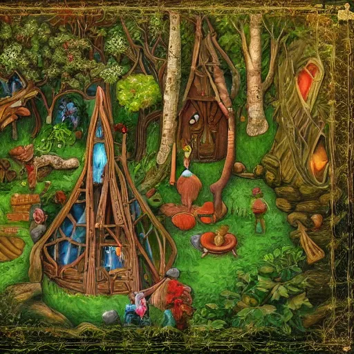 Image similar to highly detailed commune of !!!!!hedonist!!!!! (((((elves))))). the (((((elves))))) are carefree and playful. digitally painted forest scene. The (((((elves))))) each have the face of famous musician !!!!!Ed Sheeran!!!!!. pixiv, artbreeder. high quality art