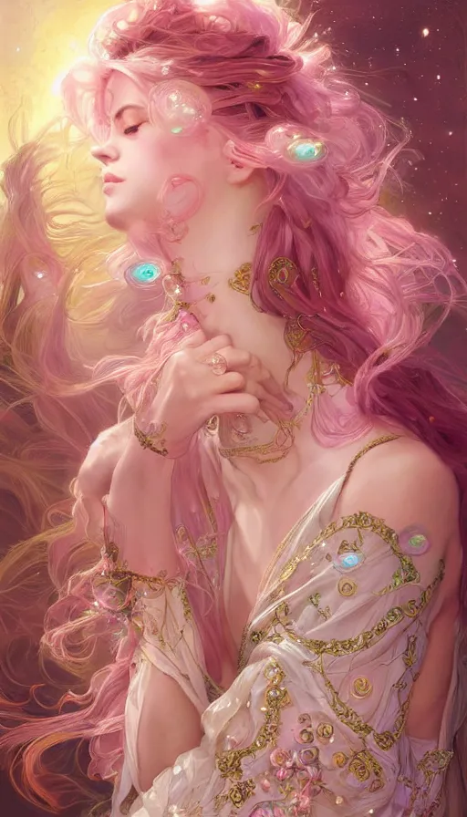 Image similar to portrait of magical dream goddess, ethereal, expressive pose, pink eyes, peaceful expression, ornate frilly dress, fantasy, intricate, elegant, many rainbow bubbles, highly detailed, digital painting, artstation, concept art, smooth, sharp focus, illustration, art by artgerm and greg rutkowski and alphonse mucha