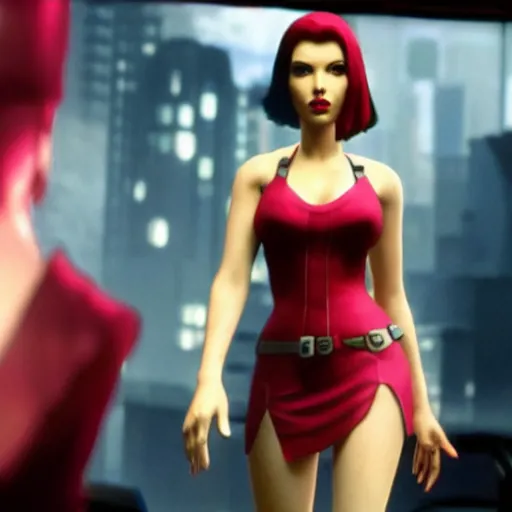 Image similar to Scarlett Johansson is Faye Valentine, cinematic shot, cyberpunk