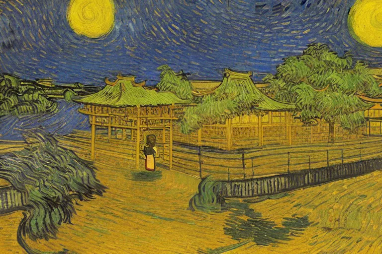 Prompt: japanese scenery in edo period, by vincent van gogh, high saturation, lower yellow color