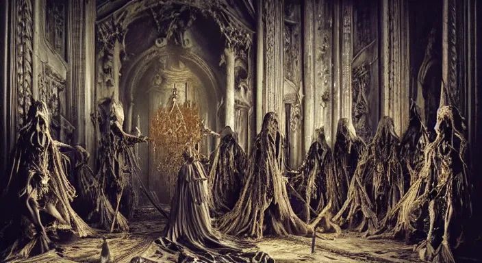 Image similar to photo of sacred blasphemous ritual of the undead, style of Peter Gric, lavish rococo baroque setting, fashion-photography, unholy ceremony, sacrilegious rite, evil, menacing, ominous, threatening, sinister, malevolent. Highly-detailed, photographic, cinematic, dramatic, establishing shot