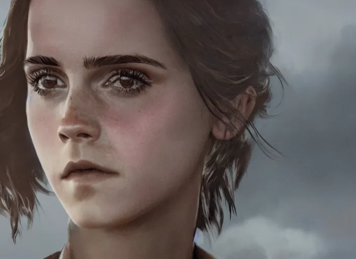 Prompt: close up cinematic artwork of Emma watson staring down the enemy on the battlefield by Greg Rutkowski, 4k, masterpiece