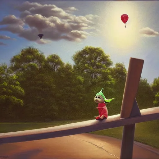 Prompt: high - angle view, shot from 5 0 feet distance, baby yoda strolls plays on a seesaw in a city park. a balloon vender in the background. dramatic clouds, setting sun. golden hour, oil on canvas painting, detailed, depth, volume, chiaroscuro, quiet intensity, serene.