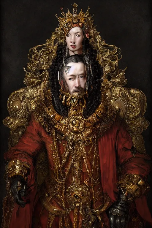 Prompt: epic, portrait, digital painting, of a 1 7 th century, decadent, cyborg king!, metal - faced, techno - melded with is throne!, dark hair, piercings, amber jewels, baroque!, ornate dark red opulent clothing, scifi, futuristic, realistic, hyperdetailed, concept art, rule of thirds, art by rembrandt, masterpiece