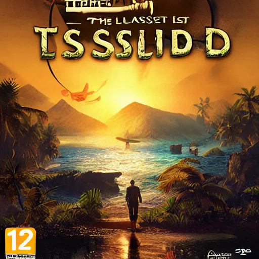 Image similar to The last lost island, game poster printed on playstation 2 video game box , Artwork by Craig Mullins, cinematic composition