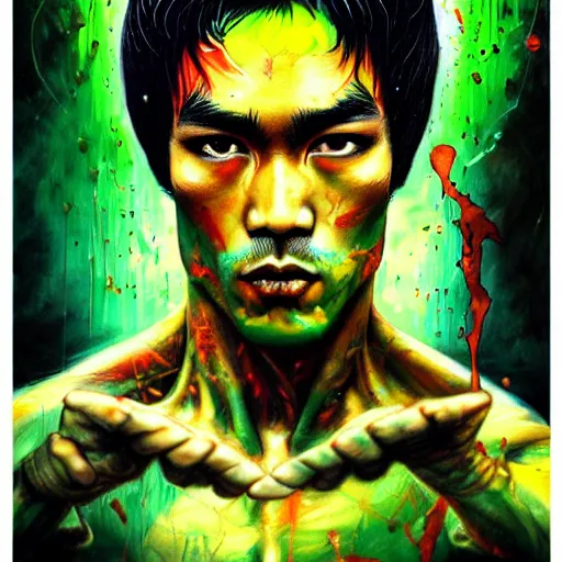 Image similar to a demon slayer portrait of bruce lee, tall, pale - skinned, and slender with lime green eyes and long eyelashes by stanley artgerm, tom bagshaw, arthur adams, carne griffiths, trending on deviant art, street art, face enhance, chillwave, maximalist, full of color, glittering