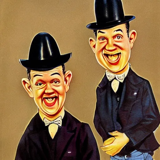 Image similar to A portrait of Stan Laurel and Oliver Hardy in hats by Frank Kelly Freas