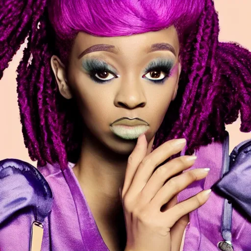 Image similar to a woman with pink hair wearing a purple dress, an album cover by Hedi Xandt, featured on tumblr, afrofuturism, made of rubber, made of plastic, elite