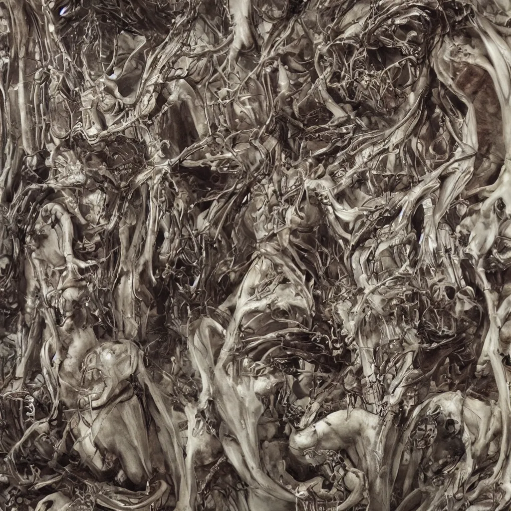 Image similar to realistic shot bloody bones, organs and flesh, biomechanical technology, natural light, by h r giger
