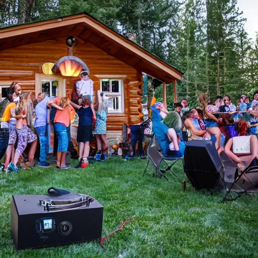 Image similar to small group of friends partying outside woodland cabin, speaker stack, festival lighting