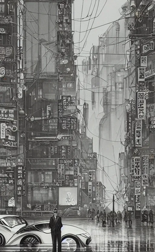 Image similar to a tall man standing next to a huge car in a street, tokyo city in the background, people walking in the distance, reflections on wet streets, dieselpunk style, steampunk, architecture by francois schuiten, beautiful illustration, painting, clean lines, digital art, symmetric, colorful retro futurism, artstation, plein air, game art, isometric