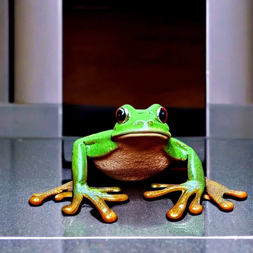 Image similar to a small frog standing on two feet at the hotel reception entry, storybook style