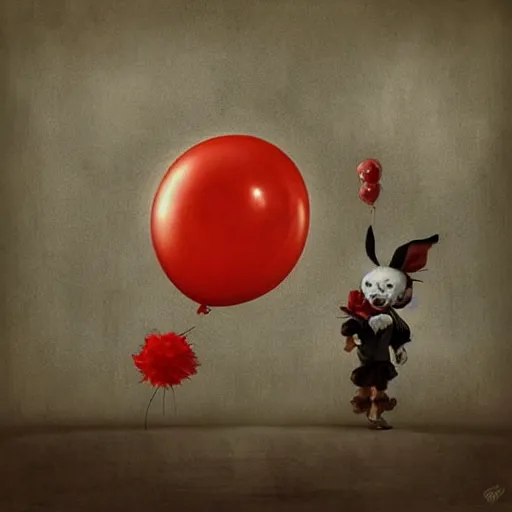 Image similar to grunge cartoon painting of a cartoon bunny and a red balloon by - michal karcz, loony toons style, pennywise style, horror theme, detailed, elegant, intricate