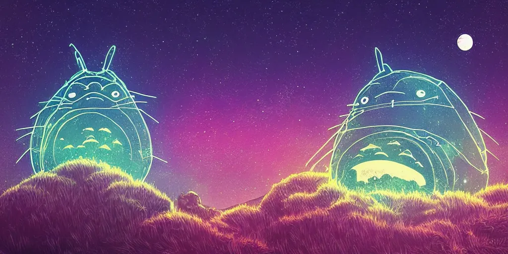 Prompt: glowing wireframe totoro, mountain landscape, night sky, digital art, digital painting, celestial, majestic, colorful